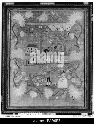 Bestickte Sampler. Kultur: American. Abmessungen: 20 1/2 x 18 in. (52,1 x 45,7 cm). Schöpfer: Maria Waine (geboren 1783). Datum: Ca. 1795. Die Stimmung in dem Motto auf dieser frei gestaltete Sampler zeigt die Haltung, pervasive im achtzehnten Jahrhundert, dass weibliche Bildung notwendig war nur etwas für eine Frau in dem unwahrscheinlichen Fall, dass alle anderen Optionen für den Support nicht zu fallen. Die meisten der Mittel- und Oberschicht Mädchen, die Sampler hätte nie, außer Haus zu arbeiten, sich zu unterstützen, damit die Armen (nach heutigen Maßstäben) akademische Ausbildung t Stockfoto