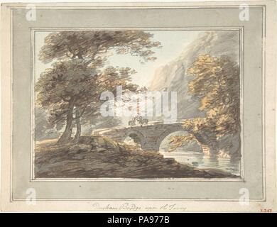 Denham Brücke auf die tavy. Künstler: William Payne (Briten, London 1760-1830 Middlesex). Maße: Blatt: 6 1/2 x 8 1/2 in. (16,5 x 21,6 cm). Datum: 1780-1830. Payne arbeitete als Ingenieur in Plymouth, bevor er 1790 nach London, Landschaftsmalerei zu verfolgen. Hier, sein angeborenes Interesse an künstlichen Strukturen kombiniert mit einem malerischen Verständnis der Landschaft von William Gilpin absorbiert, zu einem Thema, das in seiner Heimat Devon gefunden, in der Nähe von Tavistock. Museum: Metropolitan Museum of Art, New York, USA. Stockfoto