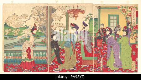 Ein Wettbewerb der elegante Damen unter den Kirschblüten (Kaika kifujin kisoi). Artist: yoshu (Hashimoto) Chikanobu (Japanisch, 1838-1912). Kultur: Japan. Abmessungen: Bild: 14 5/8 x 29 1/8 in. (37,1 x 74 cm). Datum: September 1887. Dieser Ausdruck zeigt den Kaiser, Kaiserin, Prince, und Damen des Hofes genießen die Kirschblüten im westlichen Stil Gebäude im Gelände der Ueno Park. Die Frauen tragen kunstvolle im französischen Stil tag Kleider, mit gerafften Taillen, hohem Kragen, und Schichten, schwerer Stoff über Ihre strotzt. Der Gegenstand der Ausdrucke drastisch verändert mit der Modernisierung des Zu Stockfoto