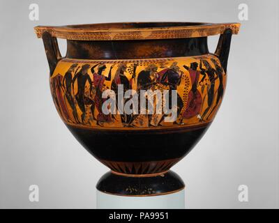 Terrakotta Spalte - Krater (Schüssel für das Mischen von Wein und Wasser). Kultur: Griechisch, Dachboden. Abmessungen: Insgesamt: 22 1/4 x 27 1/4 in. (56,4 x 69,3 cm); Durchmesser 23 1/16-in. (58,6 cm). Datum: Ca. 550 v. Chr.. Vorderseite, Hephaistos auf maultier unter Satyrn und Mänaden Rückwärts, Dionysos unter Satyrn und Mänaden des Symposiums, konventionell als trinken Partei ausgelegt, war eine gut etablierte Funktion der Griechischen - besonders die Athener -- Gesellschaft. Seit über einem Jahrhundert, Darstellungen auf Vasen Dokument, dass Wein, Weib und Gesang waren zentrale Bestandteile. Mehr noch, der hervorgehoben zu werden verdient, ist die Bedeutung der TH Stockfoto