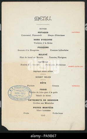 649 ersten Jahrestag ABENDESSEN DER AMTSEINFÜHRUNG VON GEORGE WASHINGTON (Besitz) - (at) "DELMONICO'S, NEW YORK, NY" (Hotel) (NYPL Hades -269856-4000001226) Stockfoto