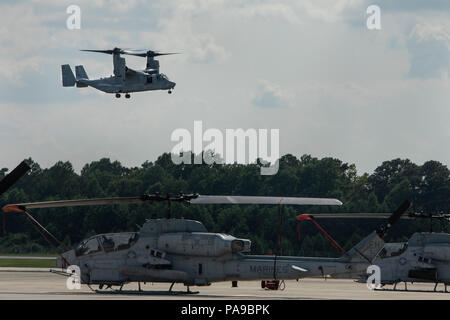 Eine MV-22 Osprey mit Marine Medium Tiltrotor Squadron 264 (verstärkt), 22 Marine Expeditionary Unit kommt für eine Landung in der Marine Corps Air Station New River, N.C., 13. Juli 2018. Fremdfirmen arbeitete mit Marines Korrosion an den Flugzeugen K-Verschraubung ist zu reparieren, so dass die Flugzeuge der erste Flug mit über zwei Jahren reibungslos zu nehmen. (U.S. Marine Corps Foto von Cpl. Aaron Henson) Stockfoto