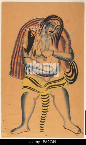 Shiva trägt die Leiche von Sati. Kultur: Indien (West Bengal, Kalkutta, Khalighat). Abmessungen: 18 x 11 in. (45,7 x 27,9 cm). Datum: Ca. 1865-75. In dieser Malerei, der Gott Shiva auf seinen Schultern trägt die Leiche seiner Frau, Sati, die Selbstmord durch Feuer verpflichtet hat. Pilger und Gläubige würden solche Bilder wie dieses von Handwerkern, die sich um Kalkuttas Kalighat Tempel arbeitete erworben haben, der Göttin Kali gewidmet. Museum: Metropolitan Museum of Art, New York, USA. Stockfoto