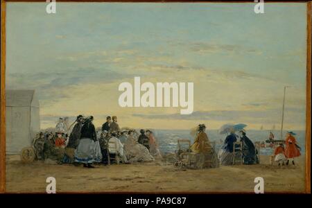 Am Strand, Sonnenuntergang. Künstler: Eugène Boudin (Französisch, Honfleur 1824-1898 Deauville). Abmessungen: 15 x 23 in. (38,1 x 58,4 cm). Datum: 1865. Die Boudin's meisterhaften und überzeugende Darstellung von Licht Effekte, wie z. B. den Sonnenuntergang in diesem Bild von 1865, zutiefst beeinflusst die jungen Claude Monet. Die beiden Künstler arbeiteten gemeinsam an der Küste der Normandie im letzten Sommer. Museum: Metropolitan Museum of Art, New York, USA. Stockfoto