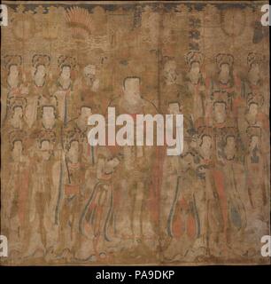 Brahma mit Begleitern und Musiker. Artist: Unbekannter Künstler. Kultur: Korea. Abmessungen: Bild: 85 x 87 in. (215,9 × 221 cm) Insgesamt mit Befestigung: 132 × 97 in. (335,3 × 246,4 cm) Insgesamt mit drehknöpfen: 132 × 101 cm. (335,3 × 258,4 cm). Datum: Ende des 16. Jahrhunderts. Ursprünglich ein Hindu Gottheit Brahma (Koreanisch: Beomcheon) wurde in den Buddhistischen Pantheon aufgenommen und zusammen mit den hinduistischen Gott Indra (Koreanisch: Jeseok), wurde der Beschützer der buddhistischen Lehren. Die Brahma war der Himmel als Ort der Freude mit Animateuren und Musikern gefüllt interpretiert. In dieser Arbeit, geschmeidige Figuren spielen Stockfoto