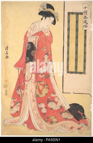 Bilder von zehn Styles (Jittaiga Fuzoku): eine junge Frau mit einem Hund. Artist: Torii Kiyonaga (Japanisch, 1752-1815). Kultur: Japan. Abmessungen: Bild: 14 3/4 x 9 15/16 in. (37,5 × 25,2 cm). Datum: Ca. 1790-91. Torii Kiyonaga, auch für seine Porträts von Schauspieler bekannt, hat diese schöne Frau in leuchtender Seide Gewänder gehüllt. Ihre rote robe mit chrysantheme roundels in zarten Farben gehalten, ihr (furisode Kimono mit langen, schwenkbaren Ärmel) von Peach silk hat orchid Designs, und die Creme underrobe und rote Unterwäsche, um den Kontrast mit ihrem schwarzen Obi hinzufügen. Hohe, stattliche, und leichte Stockfoto