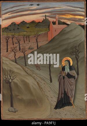 Der heilige Antonius in der Wüste. Artist: osservanza Master (Italien, Siena, aktiv im zweiten Quartal aus dem 15. Jahrhundert). Abmessungen: Insgesamt 18 3/4 x 13 5/8 in. (47,6 x 34,6 cm); Oberfläche lackiert 18 1/2 x 13 1/4 in. (47 x 33,7 cm). Datum: Ca. 1435. Dieses Panel ist Teil eines Zyklus von Szenen aus dem Leben des Heiligen Antonius der Einsiedler Abt. Vorliebe des Malers für Original und beschreibenden erzählerische Detail erscheint in der Behandlung der Wüste Landschaft und seiner Fauna (Symbole der Versuchungen des Heiligen) unter den leuchtenden Himmel bei Sonnenuntergang. Ein Topf voll Gold in der unteren linken Ecke (die Biene Stockfoto