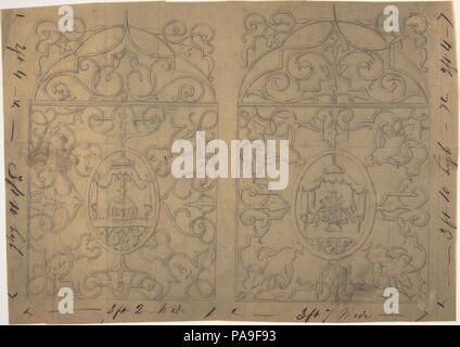 Ornament Designs auf zwei Platten, die Zentrale Kartuschen verziert mit Zelten. Artist: Richardson Ellson & Co (Britisch). Maße: Blatt: 9 1/2 x 6 11/16 in. (24,2 x 17 cm). Datum: Ca. 1880. Museum: Metropolitan Museum of Art, New York, USA. Stockfoto