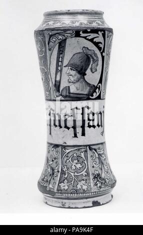 Apothecary jar (albarello). Kultur: Italienisch, Faenza. Abmessungen: Höhe: 12 cm. (32 cm). Datum: Ca. 1550. Museum: Metropolitan Museum of Art, New York, USA. Stockfoto