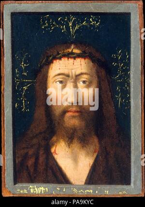 Kopf des Christus. Artist: Petrus Christus (Niederländischen, ganz Baarle-Hertog (Baerle-Duc), aktiv von 1444 - starb 1475/76 Brügge). Abmessungen: Insgesamt 5 7/8 x 4 1/4 in. (14,9 x 10,8 cm); Pergament 5 3/4 x 4 1/8 in. (14,6 x 10,5 cm). Datum: Ca. 1445. Dieses intime Bild Christi's Kopf, für private Frömmigkeit bestimmt sind, ergibt sich aus einer verlorenen Bild des "Heiligen Antlitzes" von Jan van Eyck, jetzt nur durch Kopien bekannt. Nach dem Eyckian Zusammensetzung, Petrus Christus behandelt den Kopf wie ein Porträt von IT-Umgebung mit einem fiktiven Rahmen, damit unterstreicht die physische Unmittelbarkeit Christi. Seine Darstellung unte Stockfoto