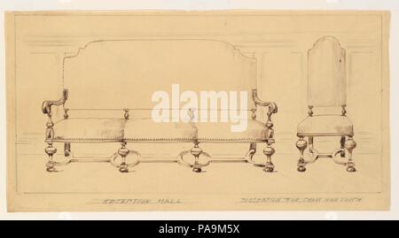 Design für Möbel. Künstler: Louis Comfort Tiffany (American, New York 1848-1933 New York). Kultur: American. Abmessungen: Insgesamt: 9 1/16 x 17 9/16 in. (23 x 44,6 cm). Teekocher: Eventuell Tiffany Glas und dekorieren Firma (American, 1892-1902); möglicherweise Tiffany Studios (1902-32); möglicherweise Tiffany Glass Company (1885-92). Datum: Ca. 1892-1920. Der Sessel und Couch in der Zeichnung abgebildet sind im Stil des 17. Jahrhunderts Deutsch Sitzmöbel, die Kolonisten in Amerika in übereinstimmenden Datensätze importiert. In der Empfangshalle des Gilded Age Privathaus oder Gentlemen's Social Club platziert Stockfoto