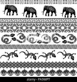 African tribal nahtlose Muster mit Tieren und geometrische Ornamente. Abstrakte monochrome Hintergrund. Textile Design. Vector Illustration. Stock Vektor