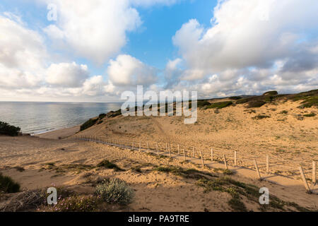 Sanddünen und der Promenade am schönen Scivu Strand - die grüne Küste "Costa Verde", Sardinien, Italien Stockfoto