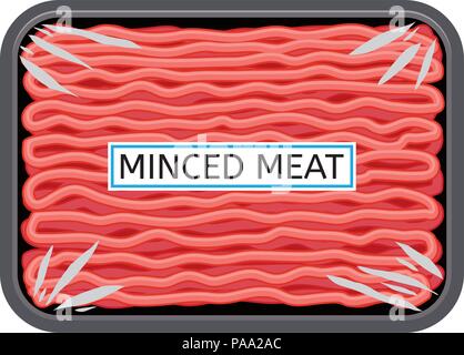 Vektor Hackfleisch in Kunststoff Fach isoliert auf weißem Hintergrund, Masse rohes Rind- oder Schweinefleisch in schwarz Paket. Flachbild grafischen Stil Stock Vektor