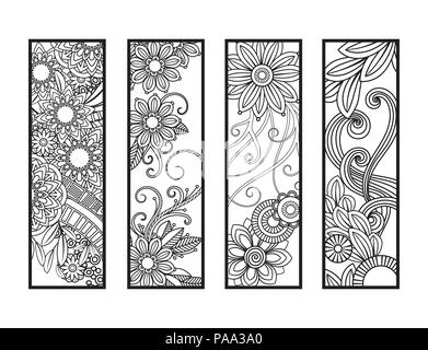 Satz von vier Lesezeichen in Schwarz und Weiß. Doodles Blumen und Ornamente für Erwachsene Malbuch. Vector Illustration. Stock Vektor