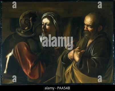 Die Verleugnung des Petrus. Artist: Caravaggio (Michelangelo Merisi) (Italienisch, Mailand oder Caravaggio 1571-1610 Porto Ercole). Abmessungen: 37 x 49 3/8 in. (94 x 125,4 cm). Datum: 1610. Caravaggios späten Werken abhängen für ihre dramatische Auswirkungen auf die hell beleuchtete Bereiche im Gegensatz zu einem dunklen Hintergrund stehen. Das Bild, ein Wunderwerk der Erzählung die Prägnanz, wurde in den letzten Monaten von Caravaggios stürmischen Lebens gemalt und kennzeichnet eine extreme Phase in seiner revolutionären Stil. Vor einem Kamin, Peter wird vorgeworfen, ein Nachfolger von Jesus. Die zeigende Hand des Soldaten und zwei Finger von Th Stockfoto