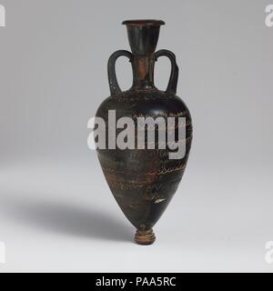 Terrakotta amphoriskos (Öl Flasche). Kultur: Griechisch, Dachboden. Abmessungen: H.7 3/8 in. (18,8 cm). Datum: 4. Jahrhundert v. Chr.. Mit gestanzten Mustern. Museum: Metropolitan Museum of Art, New York, USA. Stockfoto