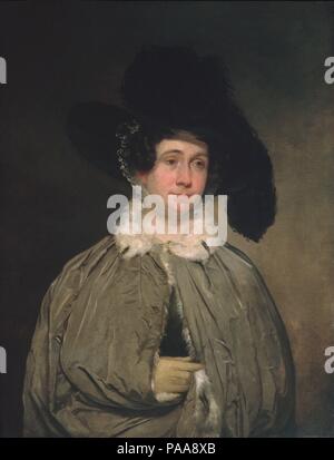 Frau Thomas Brewster Coolidge. Artist: Chester (Charles) Harding (Amerikanische, Conway, Massachusetts 1792-1866 in Boston, Massachusetts). Abmessungen: 36 1/4 x 28 in. (92,1 x 71,1 cm). Datum: Ca. 1827. Clarissa Baldwin (1791-1841) trägt die modischen Kostüm, mit Hermelin gesäumten Seidentaft Cape und Strauß - plumed Hut, dass Sie wahrscheinlich im Jahre 1827 trug zu der Grundsteinlegung für das Denkmal zur Erinnerung an die Schlacht von Bunker Hill. Ihr Bruder war der Bauingenieur für das Projekt. Museum: Metropolitan Museum of Art, New York, USA. Stockfoto