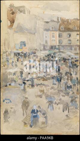 Variationen in Violett und Grau - Marktplatz, Dieppe. Künstler: James McNeill Whistler (Amerikanische, Lowell, Massachusetts 1834-1903 London). Abmessungen: 7 15/16 x 5 in. (20,2 x 12,7 cm). Datum: 1885. Während Whistler's Besuch im Jahr 1885 in die Normandie Badeort Dieppe, er dem geschäftigen Marktplatz von einem hohen Aussichtspunkt erfasst und die Lebendigkeit der Szene akzentuiert, indem er seine Blatt im Hochformat. Das Ergebnis war eine seiner schönsten und komplexen Aquarelle, mit Energie, abwechslungsreichen und Interesse trotz seiner Größe überraschend klein. Das Blatt bietet einen Katalog mit den t Stockfoto