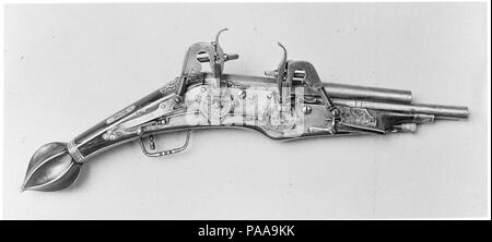 Doppelläufigen Wheellock Pistole. Kultur: Deutsch. Abmessungen: L 20 cm. (51.75 cm); L. des oberen Zylinder 9 1/2 in. (24,1 cm); L. der unteren Zylinder 9 3/8 in. (23,8 cm); Cal. Der obere Barrel .43 in. (10,8 mm); Cal. der unteren Barrel .54 in. (13,6 mm); Wt. 3 lb. 15,5 oz. (1800.2 g). Datum: datiert 1612. Museum: Metropolitan Museum of Art, New York, USA. Stockfoto