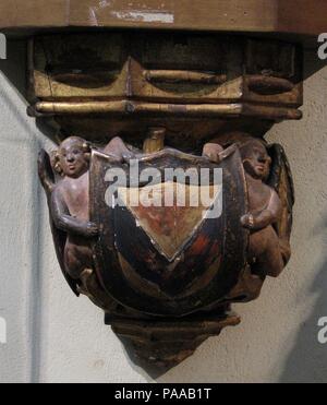 Corbel mit Engeln. Kultur: Französisch. Abmessungen: Insgesamt: 12 3/8 x 10 in. (31,4 x 25,4 cm). Datum: Ende des 15. Jahrhunderts. Museum: Metropolitan Museum of Art, New York, USA. Stockfoto