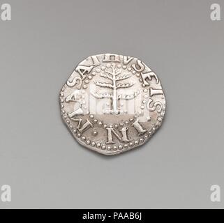 Sixpence. Kultur: American. Maße: 1,9 cm, 2,14 Gramm (1,9 cm, 1.376 dwt). Schöpfer: John Hull (1624-1683); Robert Sanderson Sr. (Ca. 1608-1693). Datum: Ca. 1667-ca. 1682. 1652 John Rumpf und Robert Sanderson waren Minze Meister für die Massachusetts Bay Colony ernannt. Als Reaktion auf einen chronischen Mangel an Devisen und die Notwendigkeit für eine zuverlässige und effiziente Mittel für den Austausch, die Münze wurde von Rumpf und Sanderson dreißig Jahre lang betrieben. Die in diesem Zeitraum produzierte Münzen verschiedener Konfessionen und Ausführungen, angefangen von einem einfachen NE (für "New England") auf eine Weide, oa Stockfoto