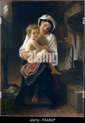 Junge Mutter mit Blick auf Ihr Kind. Künstler: William Bouguereau (Französisch, La Rochelle La Rochelle 1825-1905). Abmessungen: 56 x 40 cm. (142.2 x 102.9 cm). Datum: 1871. Diese liebevolle Mutter im malerischen Kleid und ihr Engel Nachkommen sind zwei von vielen solche Zahlen, dass Bouguereau mit Blick auf den internationalen Markt gemalt. Die Szene ist sehr ähnlich wie im Betreff und Komposition zu <i>Breton Bruder und Schwester</i>, auch vom 1871 (hängend in der Nähe), und beide Werke wurden von New York Sammler gekauft - ein Beweis für die Popularität, die Szenen des Künstlers "Prinzessinnen als milchfrauen' e gekleidet Stockfoto