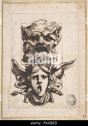 Design für zwei Masken geformt als Satyr und eine geflügelte Medusa den Kopf. Künstler: Carlo Bianconi (Italienisch, Bologna 1732-1802 Mailand). Abmessungen: 6 7/8 x 5 1/16 in. (17,4 x 12,8 cm). Datum: 1732-1802. Museum: Metropolitan Museum of Art, New York, USA. Stockfoto