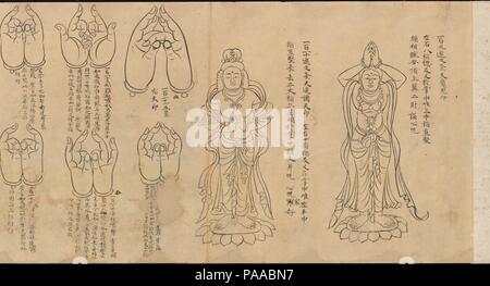 Blättern Sie von Mudras. Kultur: Japan. Abmessungen: 11 1/4 x 97 1/2 in. (28.4 x 247.6 cm). Datum: 11. bis 12. Jahrhundert. Diese handscroll zeigt Handbewegungen, bekannt als Mudras in Sanskrit, die Indische Sprache, in der viele frühe esoterische buddhistische Texte geschrieben wurden. In Japan die Gesten inso berufen sind, der japanische Begriff für ein chinesisches Wort verbindet die Zeichen für die eal' und 'form." In der esoterischen Buddhismus Mudras sind physische Verkörperungen der letzten Wahrheiten durch die Buddhas und andere Gottheiten offenbart. Praktizierende des esoterischen Buddhismus in Japan form Mudras während der Meditation und Rituale und t Stockfoto
