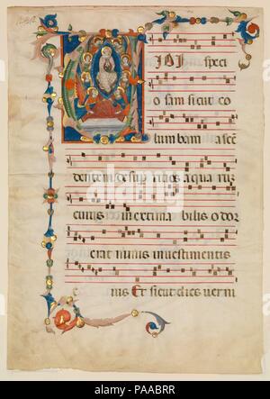 Manuskript Blatt mit der Himmelfahrt der Jungfrau in einem ersten V, aus einem antiphonar. Artist: Niccolò di ser Sozzo (Italienisch, Siena, aktive Ca. 1334, gestorben 1363). Kultur: Italienisch. Abmessungen: Insgesamt: 22 5/8 x 15 7/8 in. (57,5 x 40,4 cm) Beleuchtung: 7 3/16 x 5 3/16 in. (18,2 x 13,1 cm) ht Daube: 1 3/16 in. (3 cm) Mat Größe: 27 15/16 x 22 in. (71 x 55,9 cm). Datum: Ca. 1340. Die Himmelfahrt der Jungfrau, feierte am 15. August, ist ein besonders wichtiges Urlaub in Siena. Niccolò di ser Sozzo, einer der renommierten Beleuchtungen der Stadt des vierzehnten Jahrhunderts, malte es unzählige Male. Stockfoto