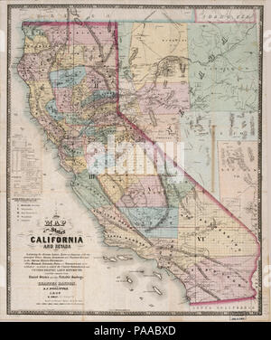 Eine neue Karte der Bundesstaaten Kalifornien und Nevada, die Flüsse, Seen, Buchten und Inseln, mit den wichtigsten Städten, Straßen, Eisenbahnen, und Transportrouten zu den Silver mining Bezirke; auch Stockfoto