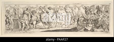 Bacchanal. Künstler: Pierre Brebiette (Französisch, Mantes-sur-Seine. 1598-1642 Paris). Maße: Blatt: 3 1/8 x 10 1/4 in. (8 x 26 cm) Platte: 2 7/8 x 9 15/16 in. (7,3 x 25,3 cm). Serie/Portfolio: Bacchanales und Kinder Spiele. Datum: 1615-42. Museum: Metropolitan Museum of Art, New York, USA. Stockfoto