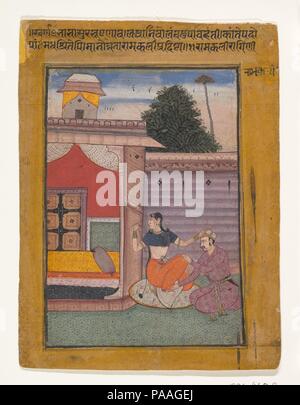 Ramkali Ragini: Folio aus einem ragamala Serie (Garland musikalischer Modi). Kultur: Indien (rajasthan, Bikaner). Abmessungen: 6 1/2 x 4 3/4 in. (16,5 × 12,1 cm). Datum: Ca. 1605-06. Die Texte im Zusammenhang mit diesem Ragini erzählen von einer lebhaften Frau warten gespannt auf ihrem Liebhaber, der viel zu spät kommt. Die schriftlichen Quellen bauen Spannung durch beschreibt Ihre gute Laune und Begeisterung am in der Nähe ihrer Helden sowie Ihren Wünschen ihm durch ihre Aktionen und die Stimmung zu verzaubern. Immer noch, sie vermutet, daß er mit einer anderen Frau, die durch ihre Geste der Ablehnung dramatisiert und seine Haltung der Entschuldigung wurde. Wie Stockfoto