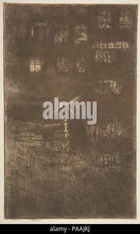 Nocturne: Tanzhaus. Künstler: James McNeill Whistler (Amerikanische, Lowell, Massachusetts 1834-1903 London). Abmessungen: Platte: 10 1/2 x 6 9/16 in. (26,7 × 16,6 cm) Blatt: 10 1/2 x 6 9/16 in. (26,7 × 16,6 cm). Datum: 1889. Dicht geätzt und tief eingefärbt, diese Arbeit ist unter den besten spät Radierungen Whistler's. Die beleuchteten Fenster gehören zu einem Mietshaus, Rücken auf dem Zeedijk Kanal in Amsterdams Rotlichtviertel. Wie in seinem Venezianischen twilight Themen aus der vorhergehenden Dekade, Whistler konzentrierte sich auf ein Zusammenfluss von Wasser, bröckelt Architektur und reflektierte Licht aber hier verstärkt die darkne Stockfoto