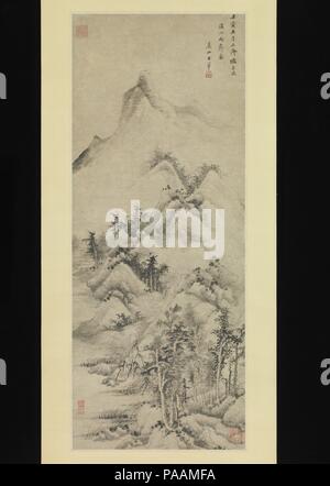 Clearing nach Regen über Flüsse und Bäche sowie Berge. Artist: Wang Hui (Chinesische, 1632-1717). Kultur: China. Abmessungen: Bild: 44 7/8 x 17 7/8 in. (114 x 45,4 cm) Insgesamt mit Befestigung: 103 1/2 x 24 1/4 in. (262,9 x 61,6 cm) Insgesamt mit drehknöpfen: 103 1/2 x 27 1/2 in. (262,9 x 69,9 cm). Datum: datiert 1662. Frei Anpassung Elemente traditionell im Zusammenhang mit Juran (act.Ca. 960-85) - kegelförmige Berge durch "Hanf-fibre" Textur Anschläge definiert und durch dichten Olivenhainen oder Clustern von Felsen durchsetzt mit Laub dots - gekrönt - und mischen Sie mit dem 'bewölkt Berge' Bilder von Mi Youren (1074-1151), Stockfoto