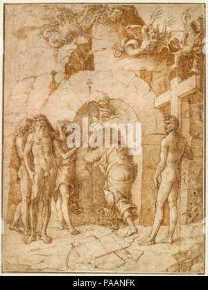 Der Abstieg in die Vorhölle. Artist: Kreis von Andrea Mantegna (Italienisch, Isola di Carturo 1430/31-1506 Mantua). Abmessungen: 10 9/16 x 7 7/8 in. (26,9 x 20 cm). Datum: Mitte des 15. Jahrhunderts. In diesem innovativen Zusammensetzung, Christus ist von hinten dargestellt, wie er auf seinem Abstieg in die Vorhölle, die Zone vor dem Eingang zur Hölle, in der er nach seinem Tod und vor seiner Auferstehung reiste begibt. Die Geschichte ist nicht im Neuen Testament gefunden, aber war ein Teil der frühen Kirche lehren und durch das 15. Jahrhundert war eine akzeptierte christlichen Glaubens. Diese Arbeit ist eng an eine Gruppe von Zeichnungen, Gravuren, Stockfoto