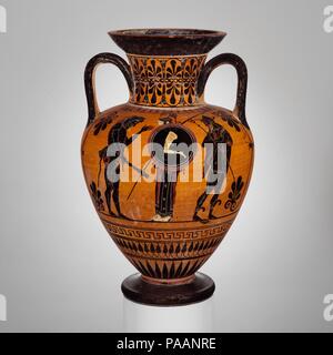 Terrakotta Neck-Amphora (jar). Kultur: Griechisch, Dachboden. Abmessungen: H 43.77 cm.. Datum: Ca. 520 v. Chr.. Vorderseite, Herakles, Athene, und Hermes. Rückwärts, frontale Wagen und Archer. Museum: Metropolitan Museum of Art, New York, USA. Stockfoto