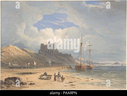 Bamborough Burg aus dem Nordosten, mit heiligen Insel in der Ferne, Northumberland. Artist: John Varley (Briten, London 1778-1842 London). Maße: Blatt: 7 3/8 x 10 1/4 in. (18,7 x 26 cm). Datum: 1827. Diese eindrucksvolle Aussicht kapselt die Art der fertigen landschaft aquarell, Varley Ruf gemacht. Malerische Details in den Vordergrund gehören einer Familie der Fischerfamilien zu Fuß in Richtung ihrer kleinen Schiff auf einem breiten Sandstrand, mit der Szene von der beeindruckenden Festung von Bamborough (oder Bamburgh) Schloss, Northumberland überschattet. Steigende über der Nordsee, dieses Wahrzeichen ist acce Stockfoto