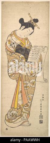 Das Kabuki Schauspieler Segawa Kikunojo in der Rolle der Kurtisane lesen einen Brief. Artist: Ishikawa Toyonobu (Japanisch, 1711-1785). Kultur: Japan. Abmessungen: H.26 cm. (67,9 cm); W. 9 5/8 in. (24,4 cm). Datum: Ende 1740. Museum: Metropolitan Museum of Art, New York, USA. Stockfoto
