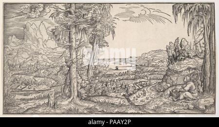 Landschaft mit dem Hl. Johannes der Evangelist. Artist: Virgil Solis (Deutsch, (?) 1514-1562 Nürnberg). Abmessungen: Blatt 7-3/4 x 14-5/8-in. (19,6 x 37 cm). Datum: Mitte des 16. Jahrhunderts. Museum: Metropolitan Museum of Art, New York, USA. Stockfoto