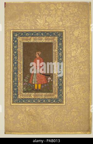 "Portrait von Rup Singh', Folio aus dem Shah Jahan Album. Artist: Gemälde von Govardhan (aktive Ca. 1596-1645). Kalligraph: Sultan 'Ali al-Mashhadi (aktive Ende des 15. Anfang des 16. Jahrhunderts). Abmessungen: Seite: H.15, 5/16 in. (38,9 cm) W. 10 1/8 in. (25,7 cm) Malen mit Rand: H. 8 13/16-in. (22,4 cm) W. 6 5/16 in. (16 cm) Gemälde ohne Rand: H.5 7/8 in. (14,9 cm) W. 3 1/2 in. (8,9 cm) Matte: H.19 cm. (48,9 cm) W. 14 1/4 in. (36,2 cm). Datum: Verso: Ca. 1615-20; recto: Ca. 1500. Der Gegenstand dieser Malerei, Rup Singh, Sohn des Ram Chand (nicht Rai Chanda, wie Pro's Jahangir inscr Stockfoto