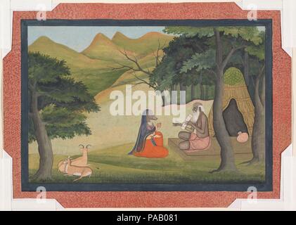 Queen Choladevi vor dem Hermit-Sage Angiras: Seite aus einem verteilten Vrataraja: (König von Vratas, Riten, um ein Gelübde zu erfüllen). Kultur: Indien (Punjab Hügel, güler). Abmessungen: 8 1/4 x 11 1/2 in. (21 x 29,2 cm). Datum: Ca. 1790. Der Gegenstand dieser Malerei ist ungewöhnlich. Queen Choladevi, deren Mann durch Lakshrni, die Göttin des Glück gesegnet worden war, hatte die Göttin nicht erkannt, wenn Sie kam, um ihre Villa in der Verkleidung. Für ihre Vernachlässigung, die Königin wurde von der Gottheit verflucht und war der Kopf einer Sau gegeben. Sie floh in die Salbei Angiras, der ihr das Geheimnis der Mahalakshmi Lehrte Stockfoto