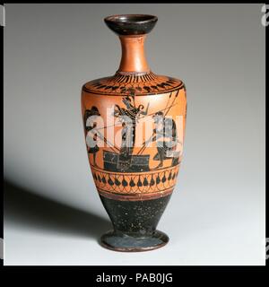 Terrakotta lekythos (Öl Flasche). Kultur: Griechisch, Dachboden. Abmessungen: H.8. (20,3 cm). Datum: Ende 6.Jh. v. Chr.. Ajax und Achilles spielen ein Brettspiel, und Athena in der zweiten Hälfte des sechsten Jahrhunderts v. Chr., ein beliebtes Thema war die des griechischen Helden Ajax und Achilles spielen ein Brettspiel zu während weg Ihre Zeit während der Belagerung von Troja. Die berühmteste Darstellung erfolgt auf einer Amphora jetzt in die Vatikanischen Museen. Exekias, vielleicht der größte schwarz-bild Künstler, gefertigt und bemalt die Amphoren, und er kann auch die Ikonographie erfunden haben. Das Thema war auf alle Mann angewendet Stockfoto