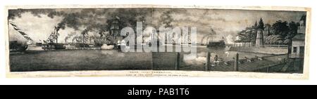 Grand Canal Feier: Blick auf die Flotte der Vorbereitung zu bilden. Artist: Nach Archibald Robertson (American, Moneymusk, Schottland 1765-1835 New York). Abmessungen: Bild: 8 7/16 x 39 3/4 in. (21,4 × 101 cm) Bild mit Text: 9 1/8 x 49 3/4 in. (23,3 × 126,4 cm). Lithograph: Anthony Imbert (American, born Frankreich , New York 1825-ca. 1838). Drucker: W. A. Davis (New York, NY) für die Stadt New York. Datum: 1825. Veröffentlicht, gegenüberliegenden Seite 187, in Cadwallader Colden D.'s Abhandlung, bereit, auf Antrag eines Ausschusses der Gemeinsamen Kanäle... bei der Feier der Vollendung des Ne Stockfoto