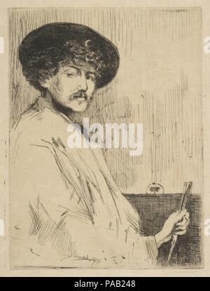 James McNeill Whistler. Artist: Percy Thomas (Briten, London 1846-1922 London). Abmessungen: Platte: 5 1/8 x 3 7/8 in. (13 x 9,8 cm) Blatt: 8 1/8 x 5 1/16 in. (20,6 x 12,8 cm). Datum: 1874. Percy Thomas drucken möchten, auf einem Whistler Selbstporträt, 'Arrangement in Grau: Porträt des Malers, "Ca. 1872 (Detroit Institut of Arts). Der Ausdruck wurde als Titelbild für die erste Katalog Der whister von Radierungen, in London im Jahre 1874 veröffentlichte der Bruder des Kupferstecher, Ralph Thomas erstellt. Das Tragen eines Kittel und breiten Hut Krempe, das Thema hält zwei Bürsten und ist gekennzeichnet durch seine butterfly Mark pro Stockfoto