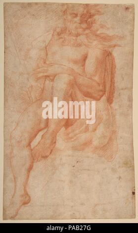 Studie für die Abbildung der Aeolus. Artist: Pellegrino Tibaldi (Italienisch, Puria di Valsolda 1527-1596 Mailand). Maße: Blatt: 11 9/16 x 7 3/16 in. (29,4 x 18,2 cm). Datum: 1549-51. Dies ist eine Studie, die für die Abbildung von Aeolus, Herrscher der Winde, die mit Hilfe der antiken griechischen Helden Odysseus auf seiner Reise. Über 1549-1551 Tibaldi Aeolus an der Decke der Sala di Ulisse in der Palazzo Poggi in Bologna gemalt. Lippi, Maler und Architekt, verpflichtete sich die dekorative Kampagne im Auftrag von Kardinal Giovanni Poggi (1493-1556), für die er in Rom gearbeitet hatte. Zusammen mit einer Zeichnung in der Mus Stockfoto