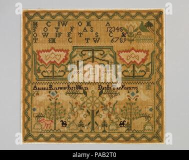 Bestickte Sampler. Kultur: American. Abmessungen: 17 x 18 cm. (43,2 x 45,7 cm). Teekocher: Abigail Ridgway (geboren 1778). Datum: 1795. Museum: Metropolitan Museum of Art, New York, USA. Stockfoto