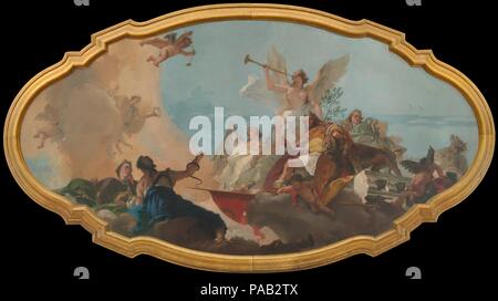 Die Verherrlichung der Familie Barbaro. Künstler: Giovanni Battista Tiepolo (Italienisch, Venedig, Madrid, 1696-1770). Abmessungen: unregelmäßige ovale, 96 x 183 cm. (243,8 x 466,7 cm). Datum: Ca. 1750. Diese bemerkenswerte Leinwand gemalt wurde die Decke in einem der Räume des Palazzo Barbaro zu verzieren, am Grand Canal in Venedig. Die Barbaro waren unter den berühmtesten venezianischen Familien und es ist für Sie, dass die Abbildung von Valor von einem Löwen anspielt begleitet. Hinter Valor ist Ruhm Blasen der Posaune und halten einen Olivenzweig, während hinter der Löwe ist Fülle mit einem Füllhorn. Im l Stockfoto