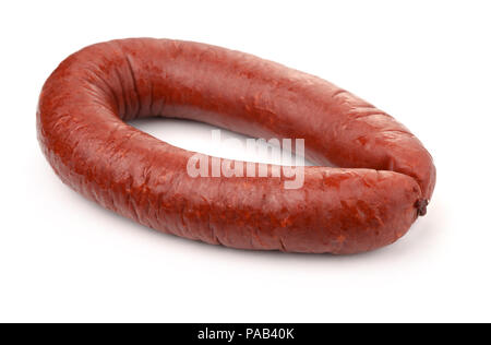 Geräuchertes Fleisch Wurst isoliert auf weißem Stockfoto