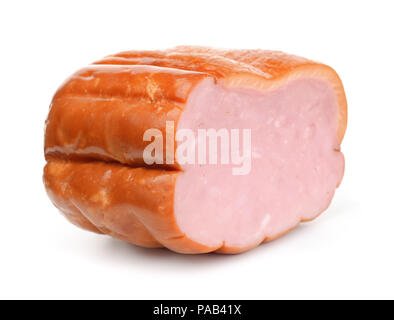 Stück geräucherten Schinken isoliert auf weißem Stockfoto